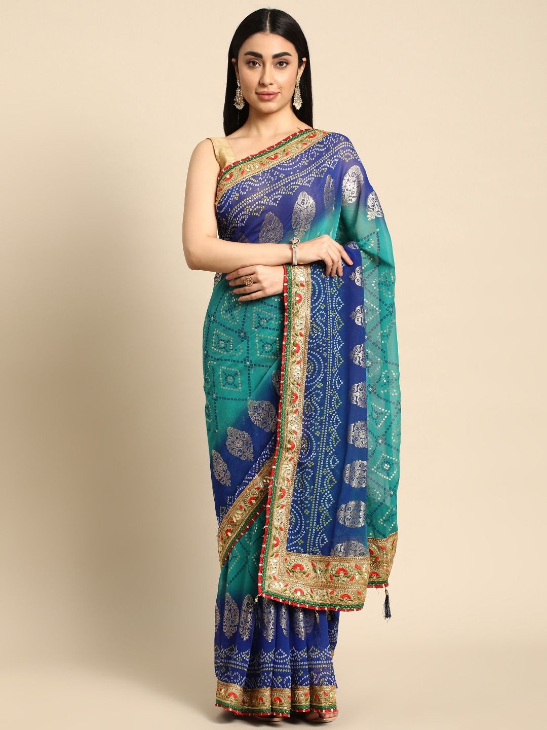 

Panzora Bandhani Gotta Patti Poly Georgette Bandhani Saree, Blue