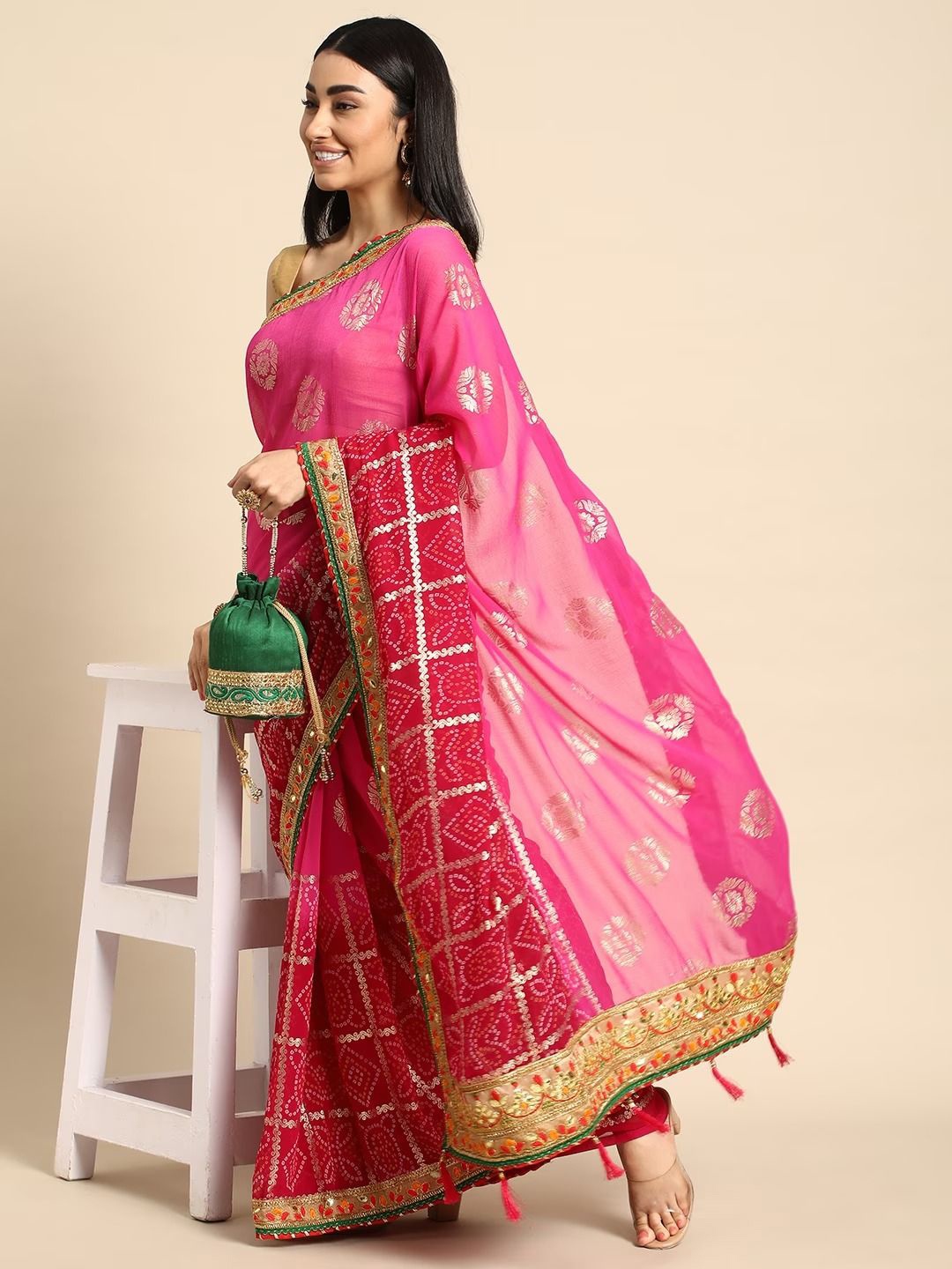 

Panzora Bandhani Gotta Patti Poly Georgette Bandhani Saree, Pink