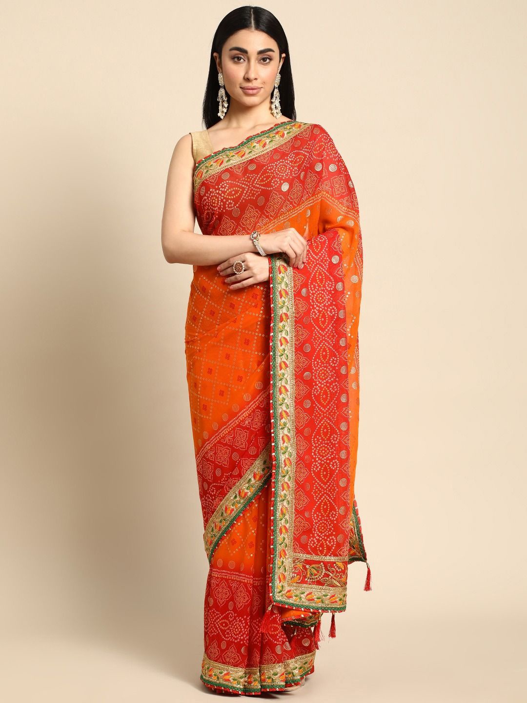 

Panzora Bandhani Gotta Patti Poly Georgette Bandhani Saree, Red