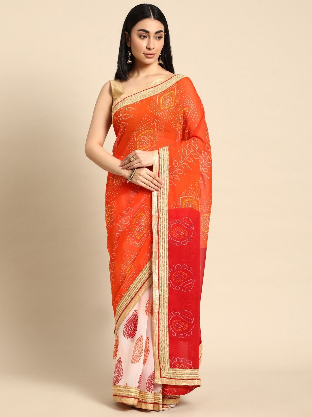 

Panzora Bandhani Poly Georgette Bandhani Saree, Red
