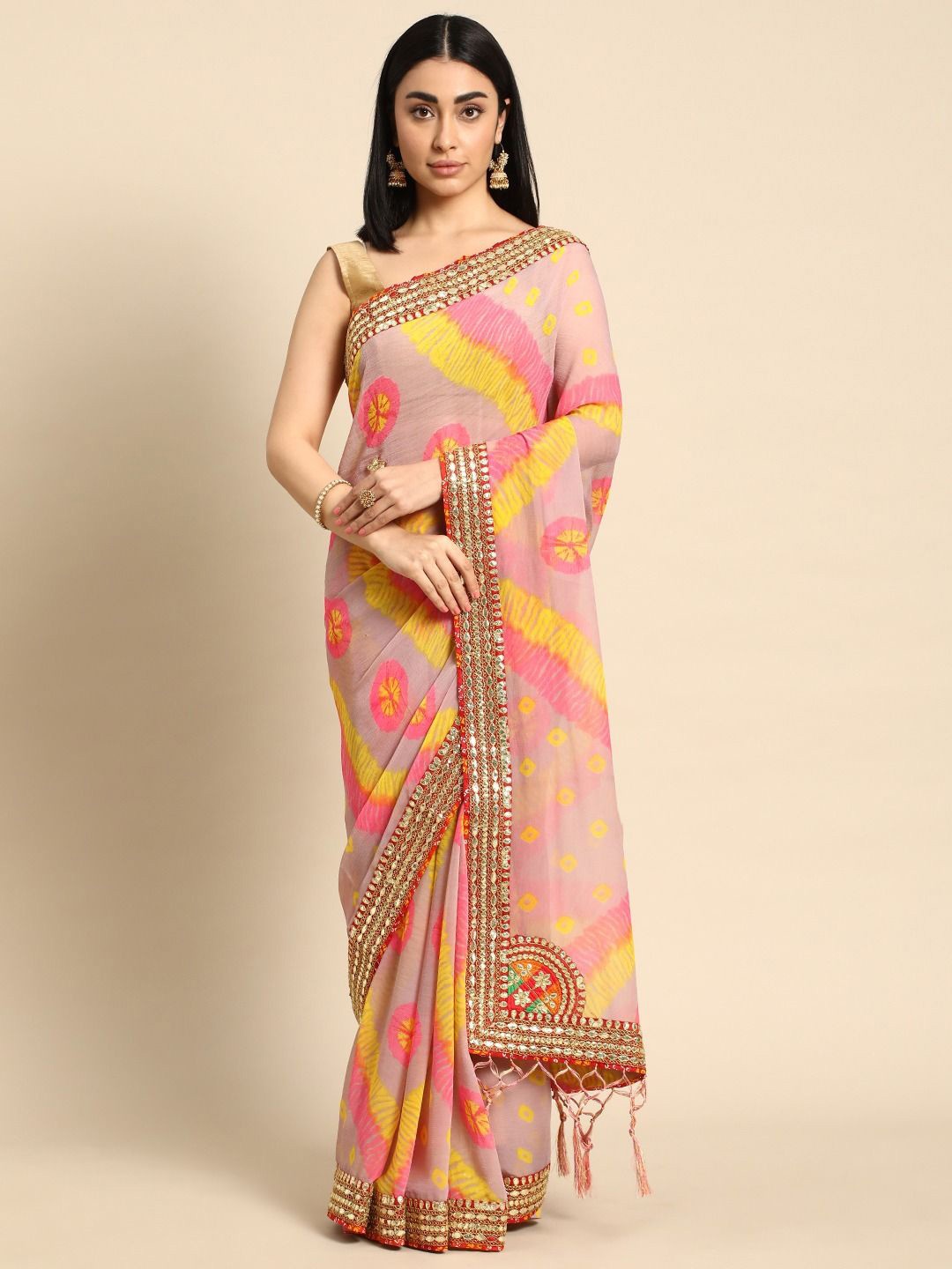 

Panzora Bandhani Gotta Patti Poly Georgette Bandhani Saree, Pink