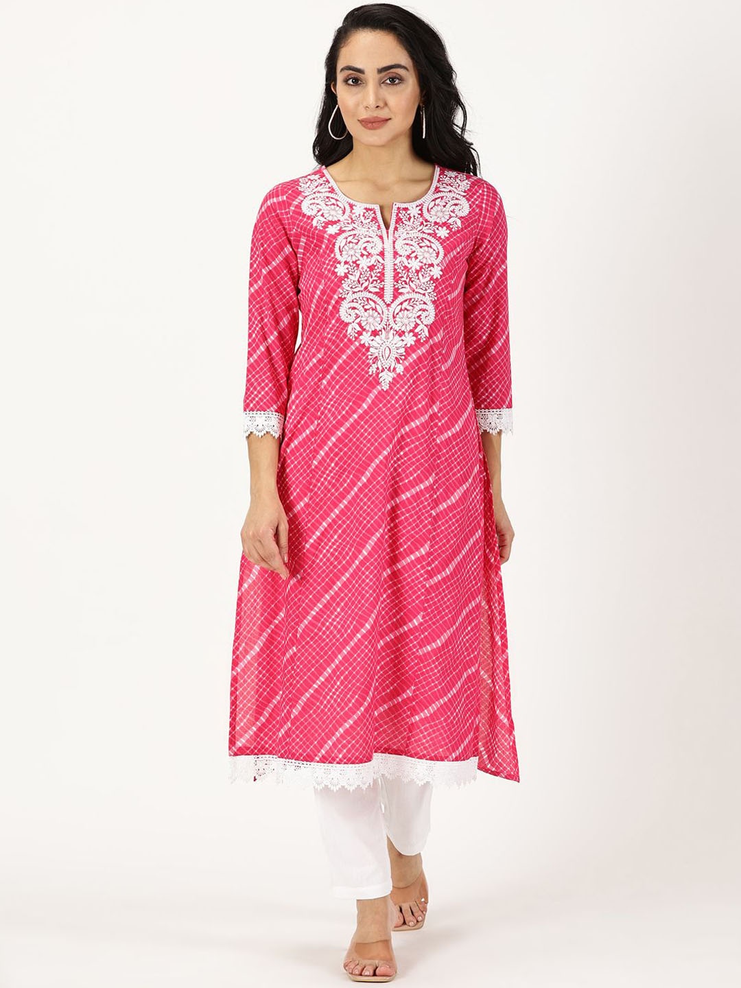 

Saffron Threads Women Yoke Design Flared Sleeves Thread Work Indie Prints Anarkali Kurta, Fuchsia