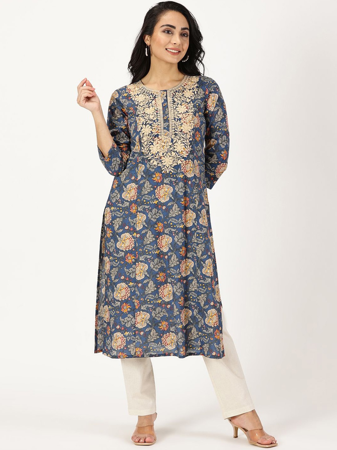 Saffron Threads Women Floral Printed Flared Sleeves Thread Work Indie Florals Anarkali Kurta, Blue