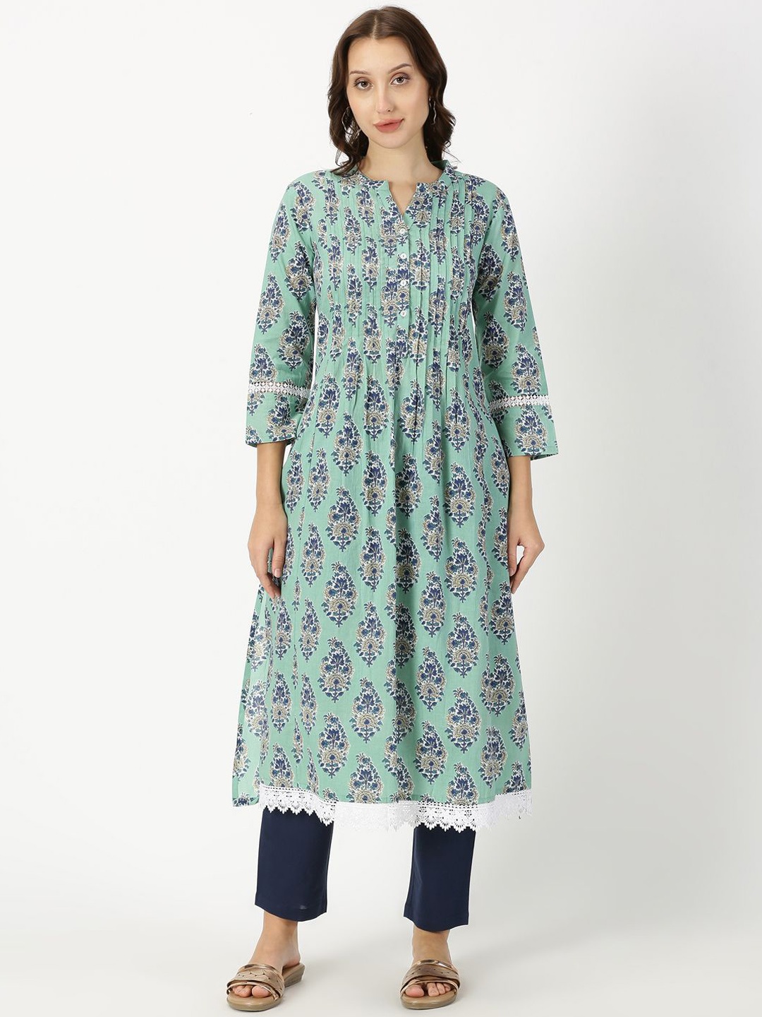 

Saffron Threads Women Ethnic Motifs Printed Keyhole Neck Flared Sleeves Thread Work Indie Prints Kurta, Sea green