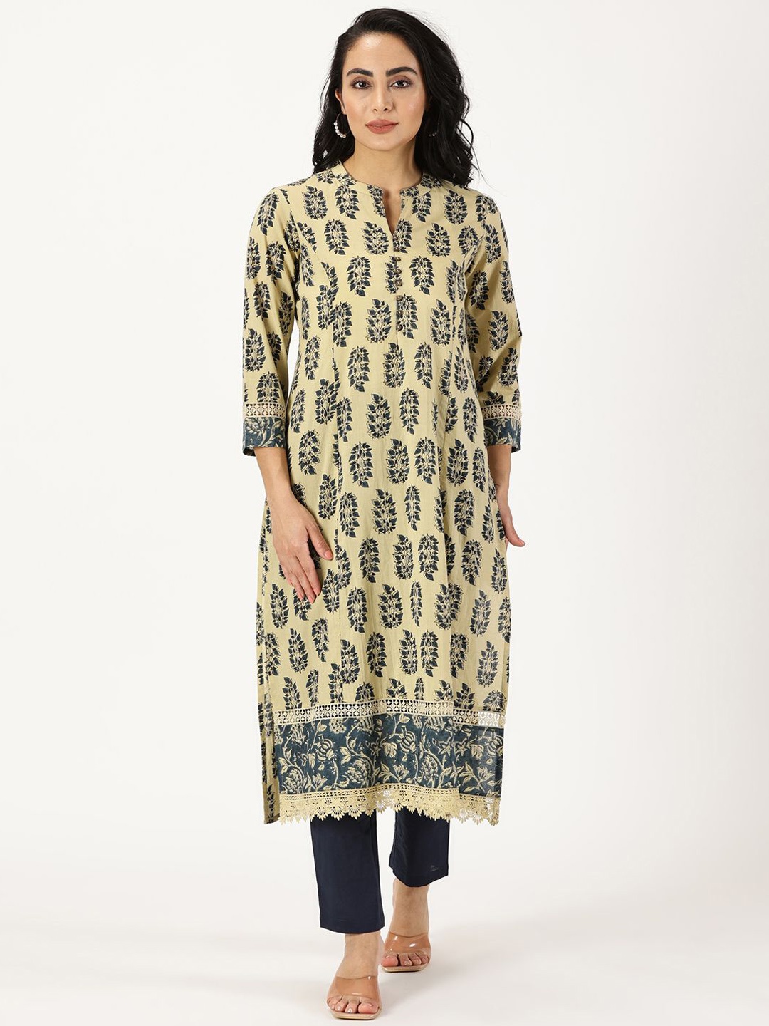 

Saffron Threads Women Ethnic Motifs Printed Keyhole Neck Sequinned Indie Prints Kurta, Cream