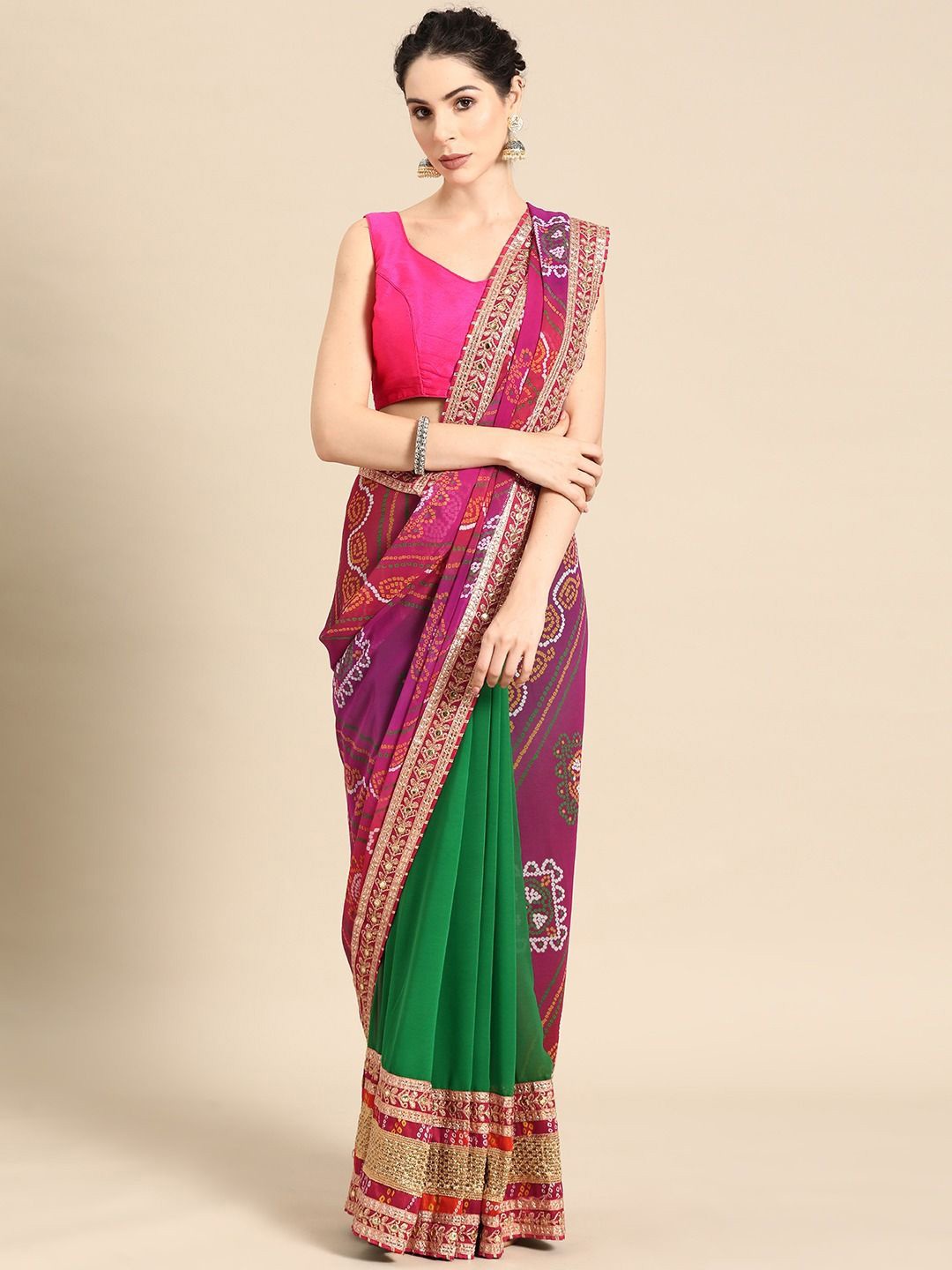

Panzora Bandhani Embroidered Poly Georgette Bandhani Saree, Green