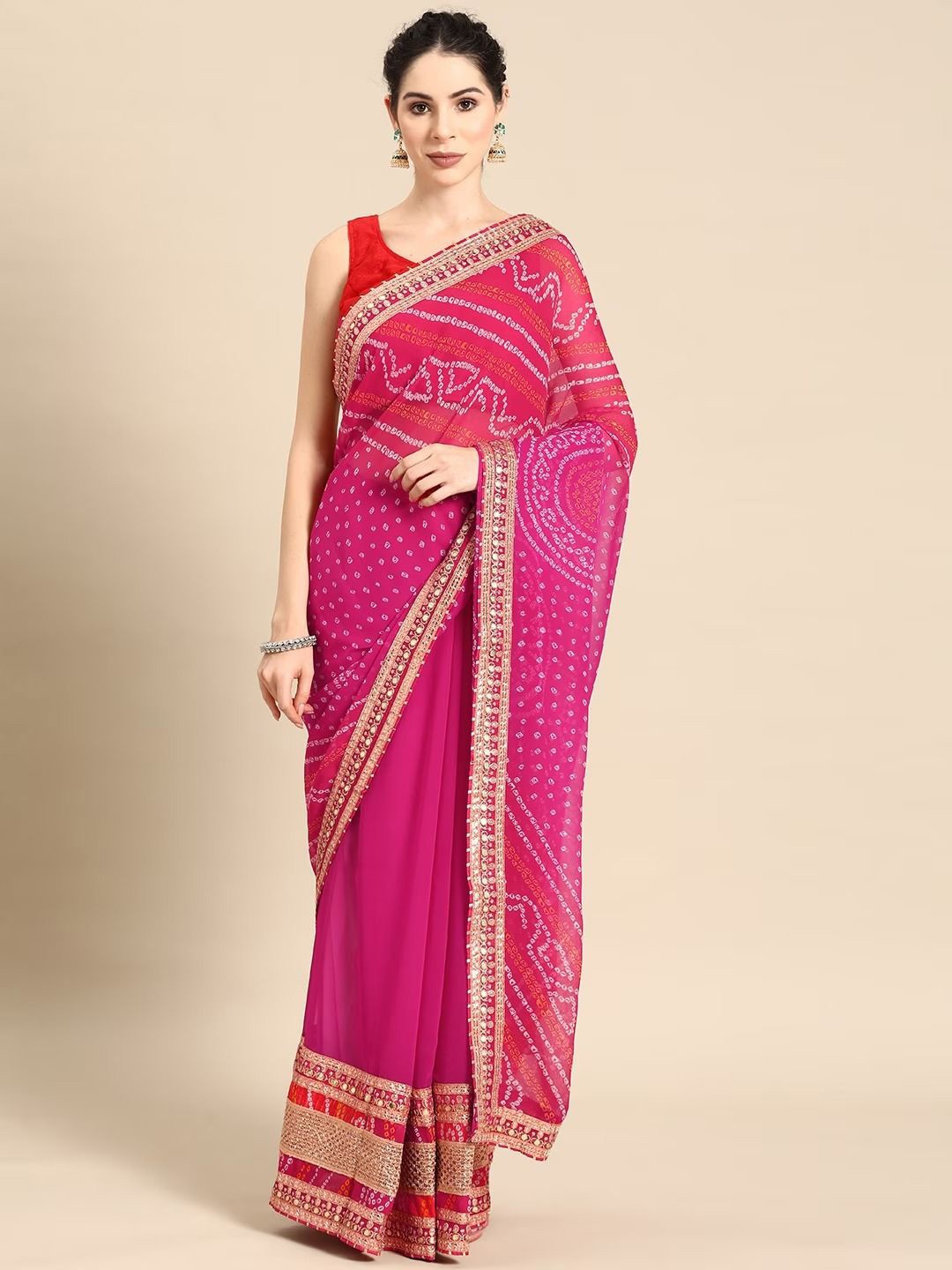 

Panzora Bandhani Embroidered Poly Georgette Bandhani Saree, Pink