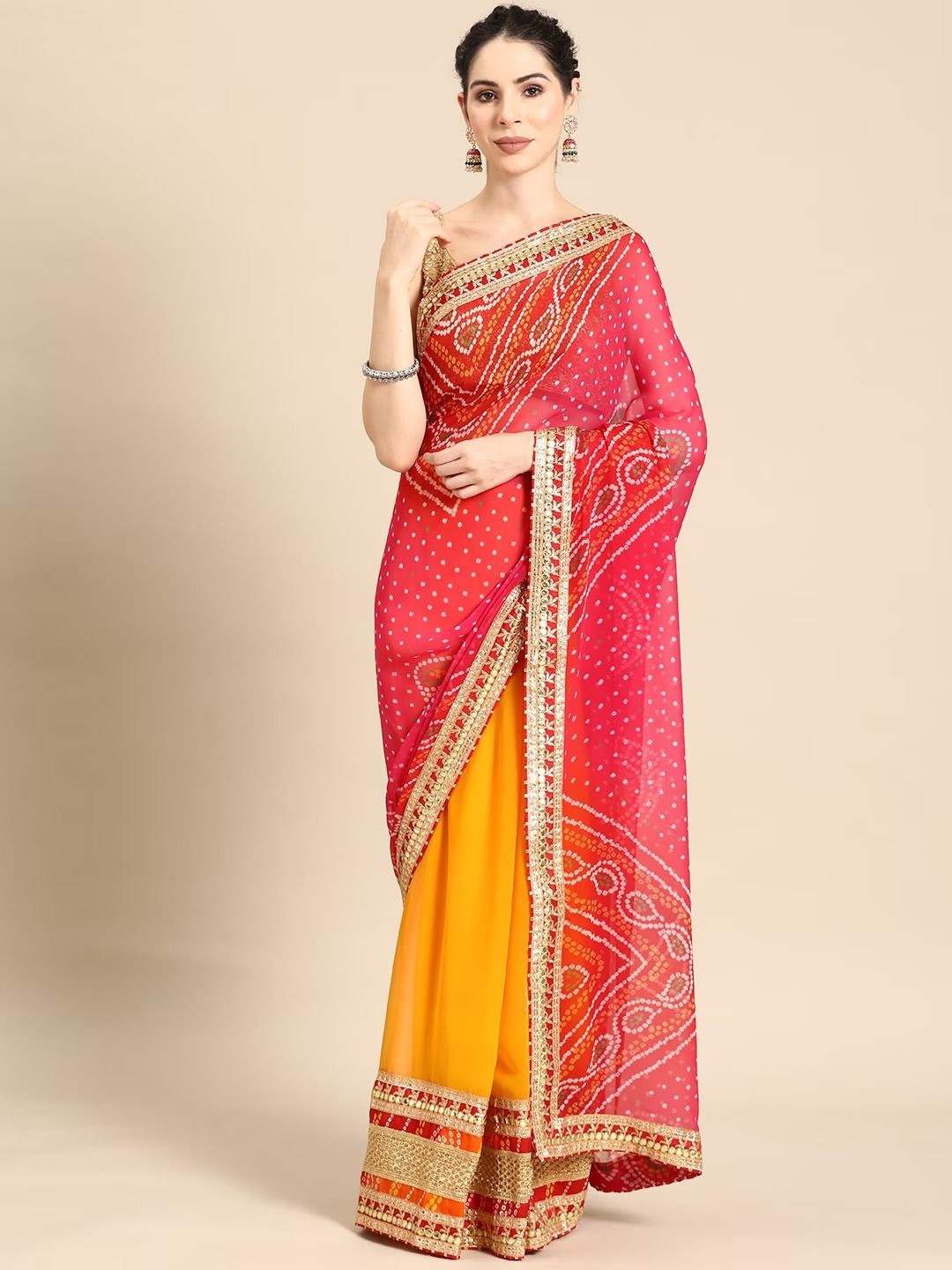 

Panzora Bandhani Embroidered Poly Georgette Bandhani Saree, Pink
