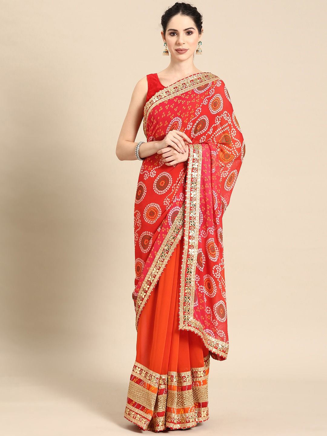 

Panzora Bandhani Gotta Patti Poly Georgette Bandhani Saree, Red