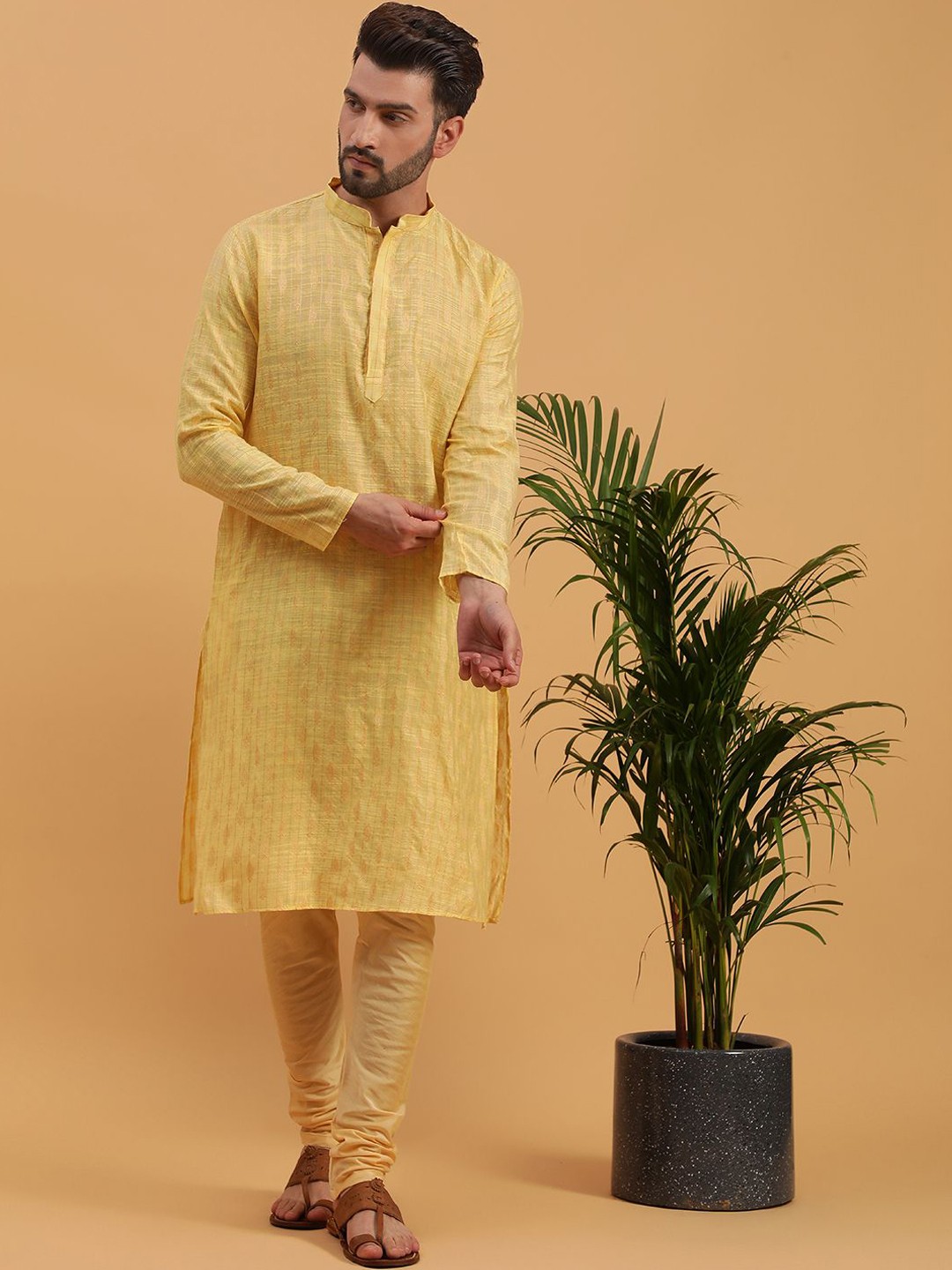 

NAMASKAR Men Regular Pure Cotton Kurta with Churidar, Yellow