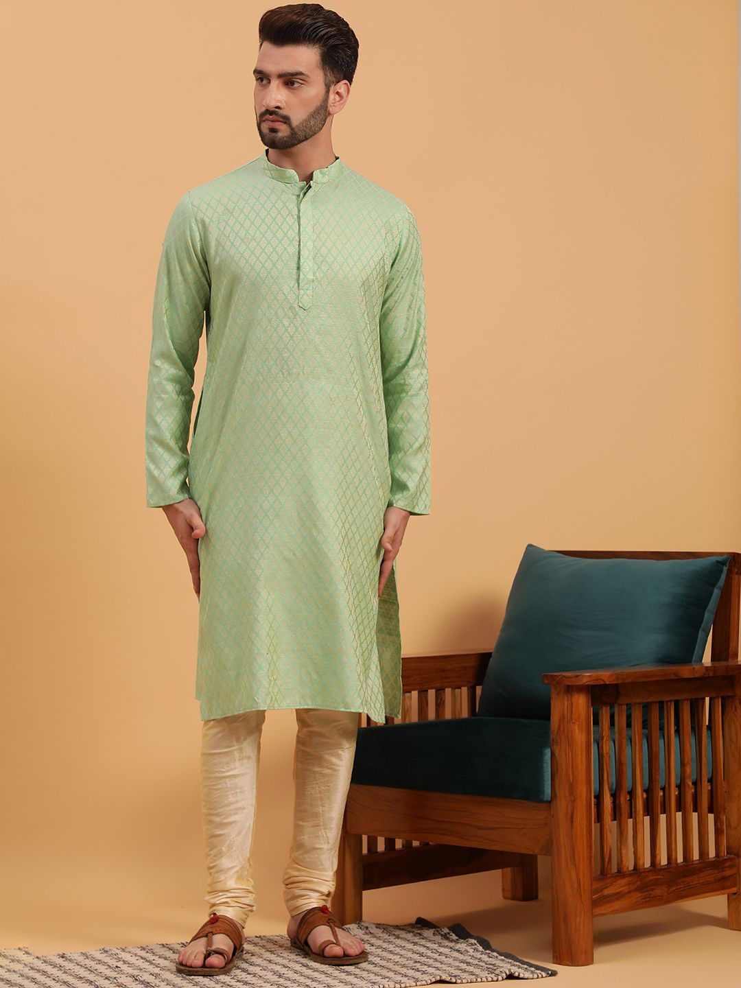 

NAMASKAR Men Regular Pure Silk Kurta with Churidar, Yellow