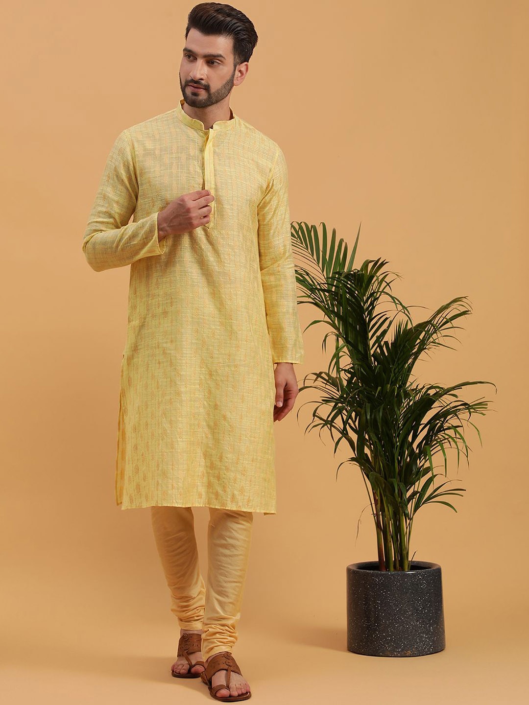 

NAMASKAR Men Regular Pure Cotton Kurta with Churidar, Yellow