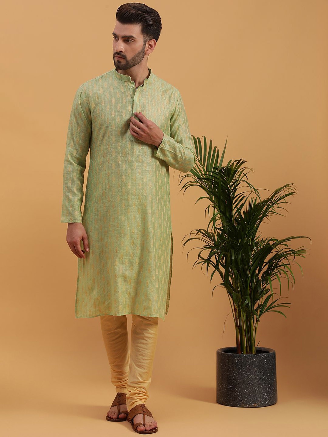 

NAMASKAR Men Ethnic Motifs Regular Pure Cotton Kurta with Churidar, Sea green