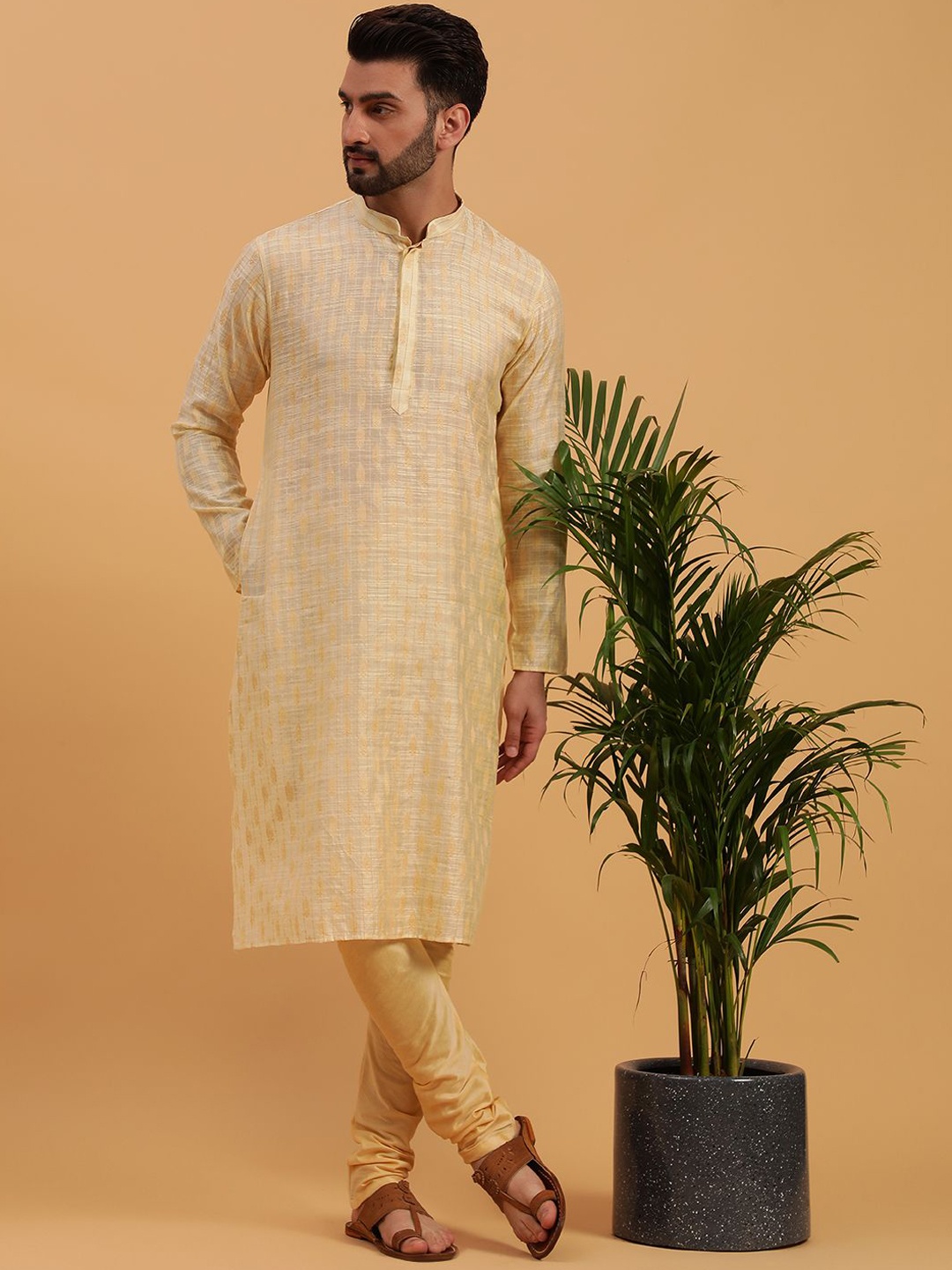 

NAMASKAR Men Regular Pure Cotton Kurta with Churidar, Cream