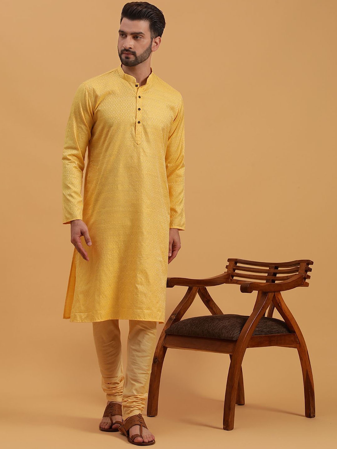 

NAMASKAR Men Floral Regular Pure Silk Kurta with Churidar, Yellow