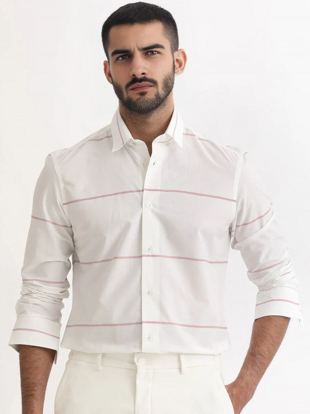 

MISCHIEF MONKEY Men Classic Tailored Fit Horizontal Stripes Opaque Striped Casual Shirt, Peach