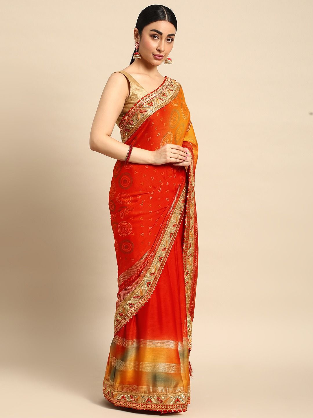 

Panzora Bandhani Gotta Patti Pure Chiffon Bandhani Saree, Orange