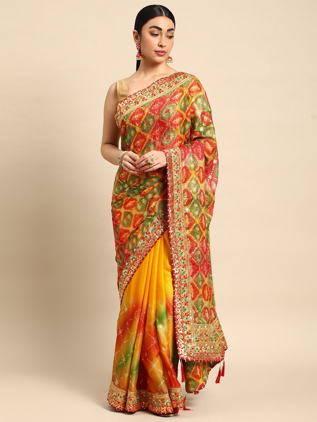 

Panzora Bandhani Gotta Patti Pure Chiffon Bandhani Saree, Yellow