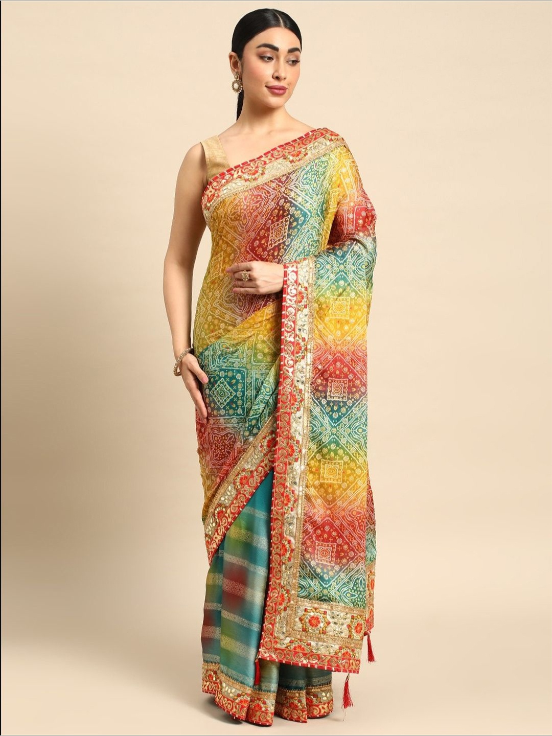

Panzora Bandhani Gotta Patti Pure Chiffon Bandhani Saree, Blue