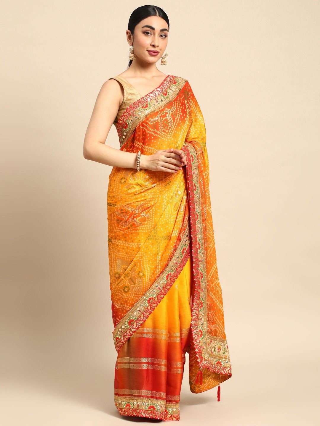 

Panzora Bandhani Gotta Patti Pure Chiffon Bandhani Saree, Yellow