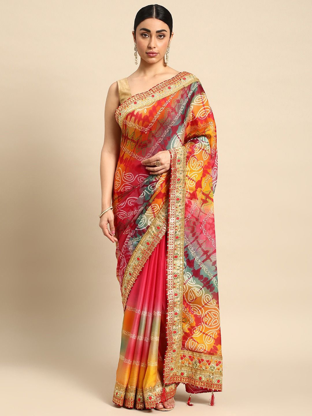 

Panzora Bandhani Gotta Patti Pure Chiffon Bandhani Saree, Pink