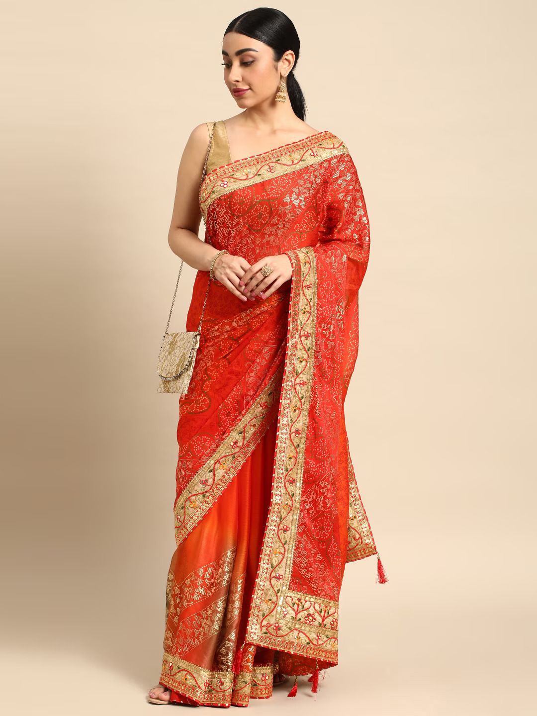 

Panzora Bandhani Gotta Patti Pure Chiffon Designer Bandhani Saree, Red