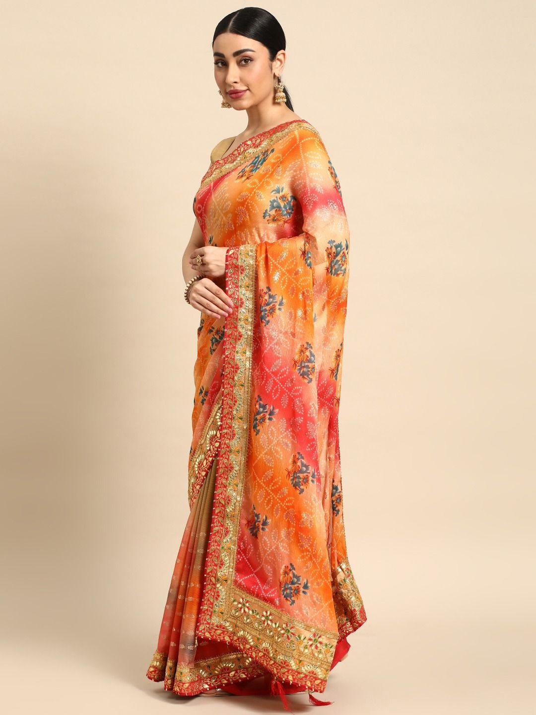 

Panzora Bandhani Gotta Patti Pure Chiffon Bandhani Saree, Olive