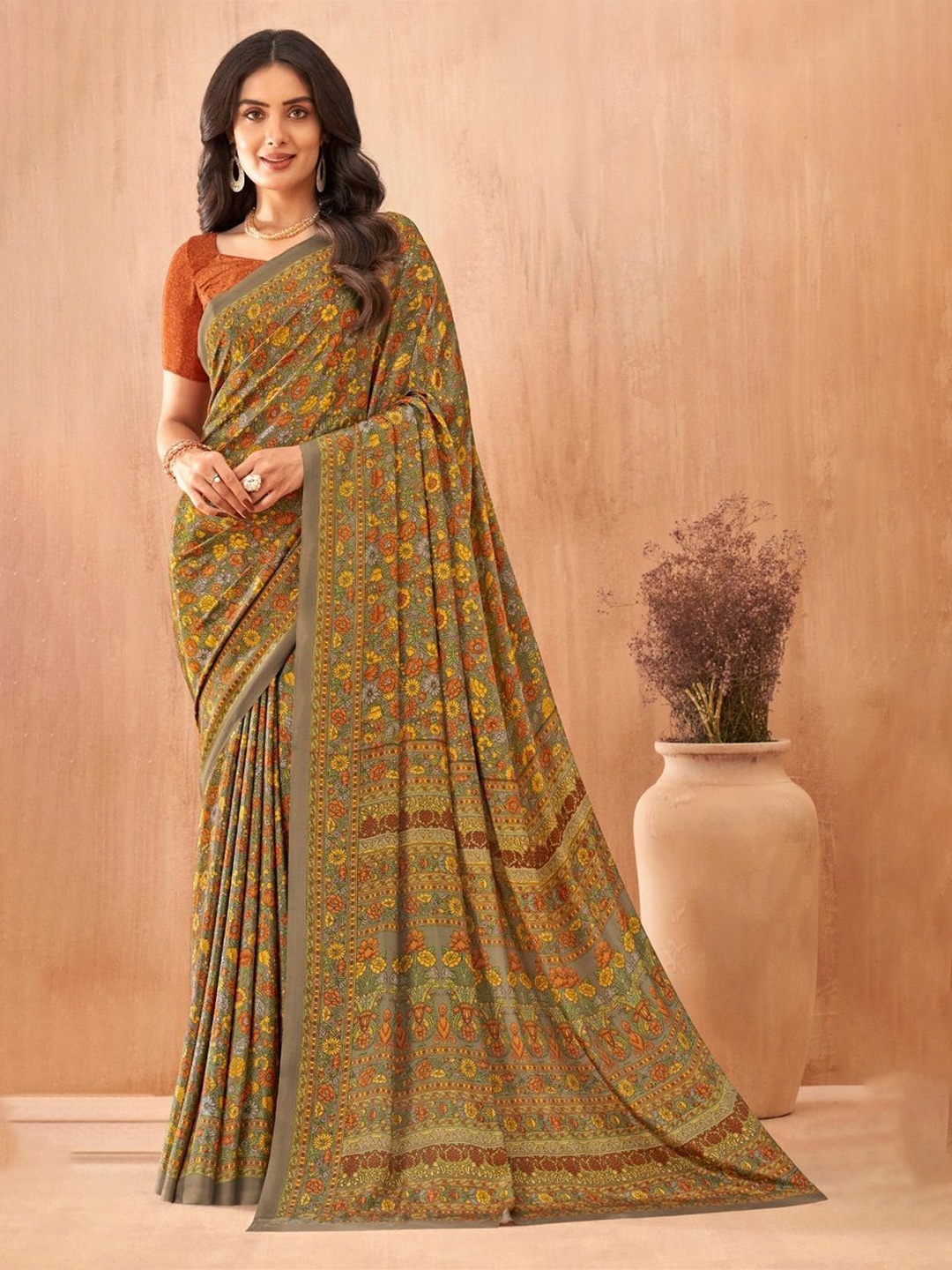 

Reboot Fashions Floral Pure Crepe Saree, Beige