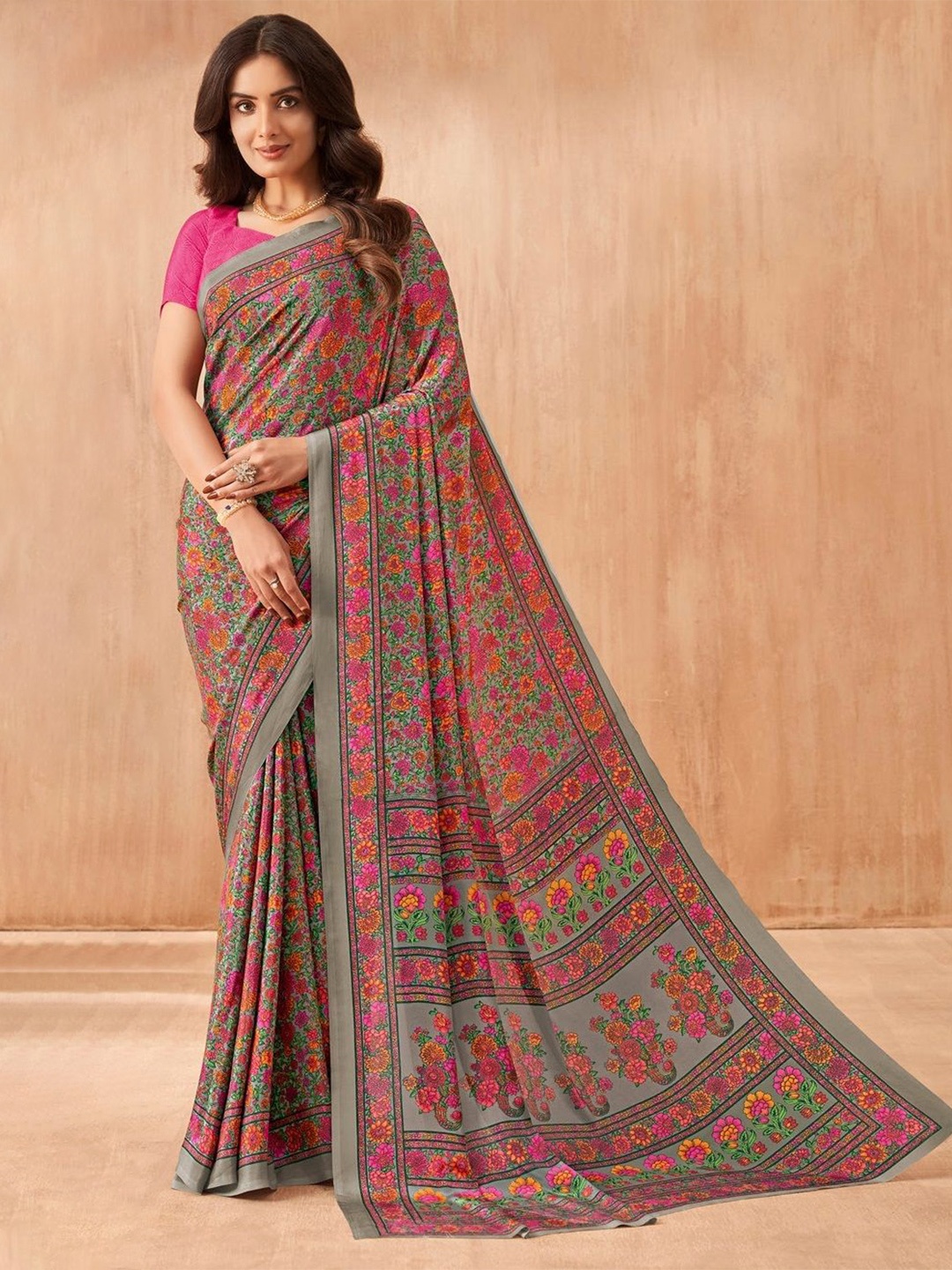 

Reboot Fashions Floral Pure Crepe Saree, Grey