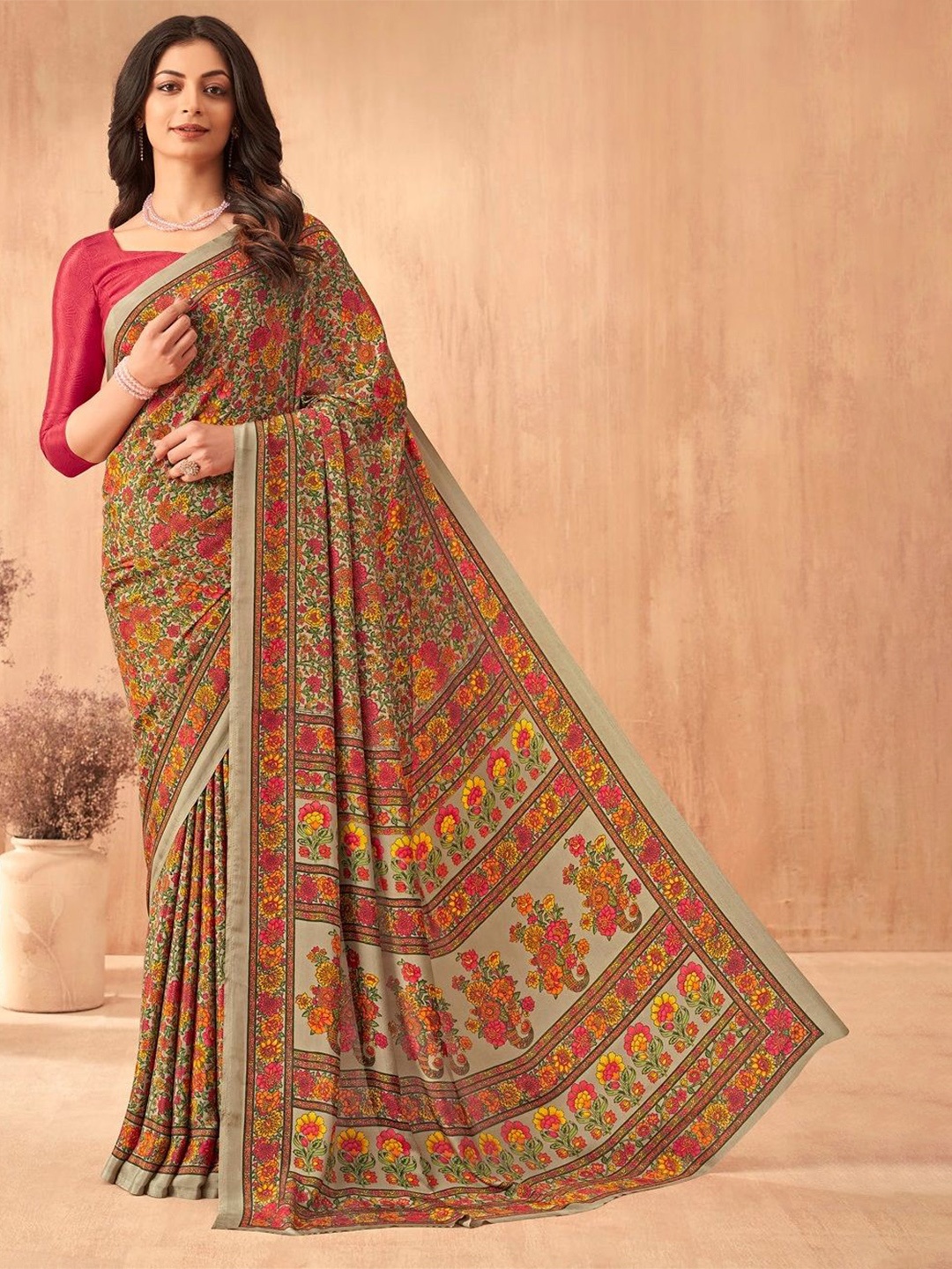 

Reboot Fashions Floral Pure Crepe Saree, Beige