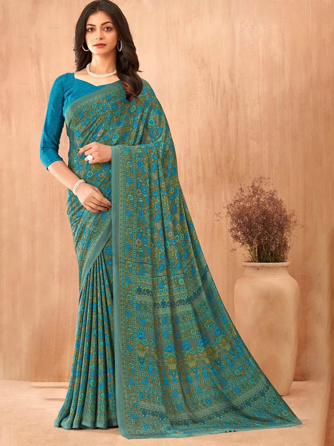 

Reboot Fashions Floral Pure Crepe Saree, Teal