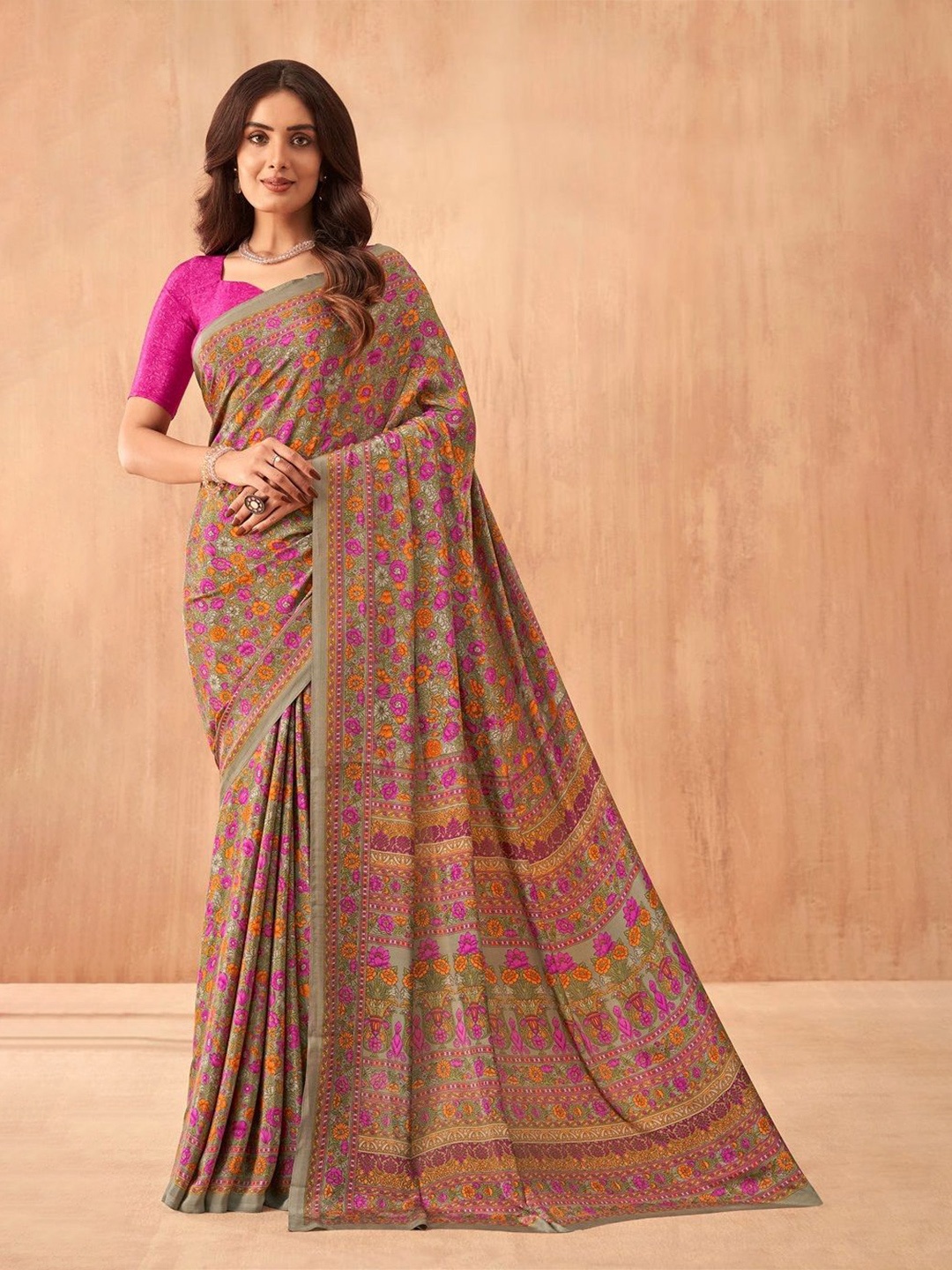 

Reboot Fashions Floral Pure Crepe Saree, Pink