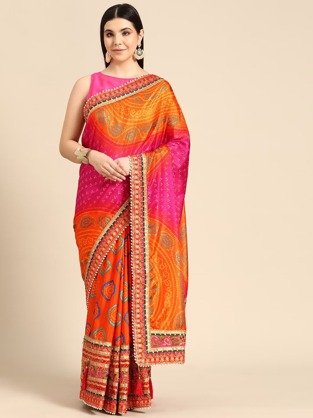 

Panzora Bandhani Gotta Patti Art Silk Bandhani Saree, Pink