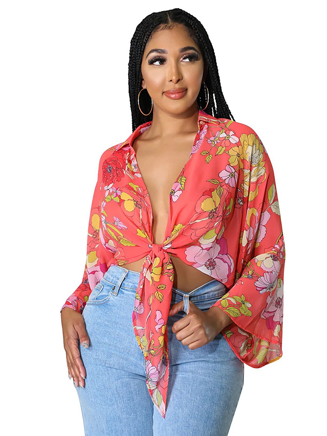 

LULU & SKY Floral Print Flared Sleeve Crop Top, Red