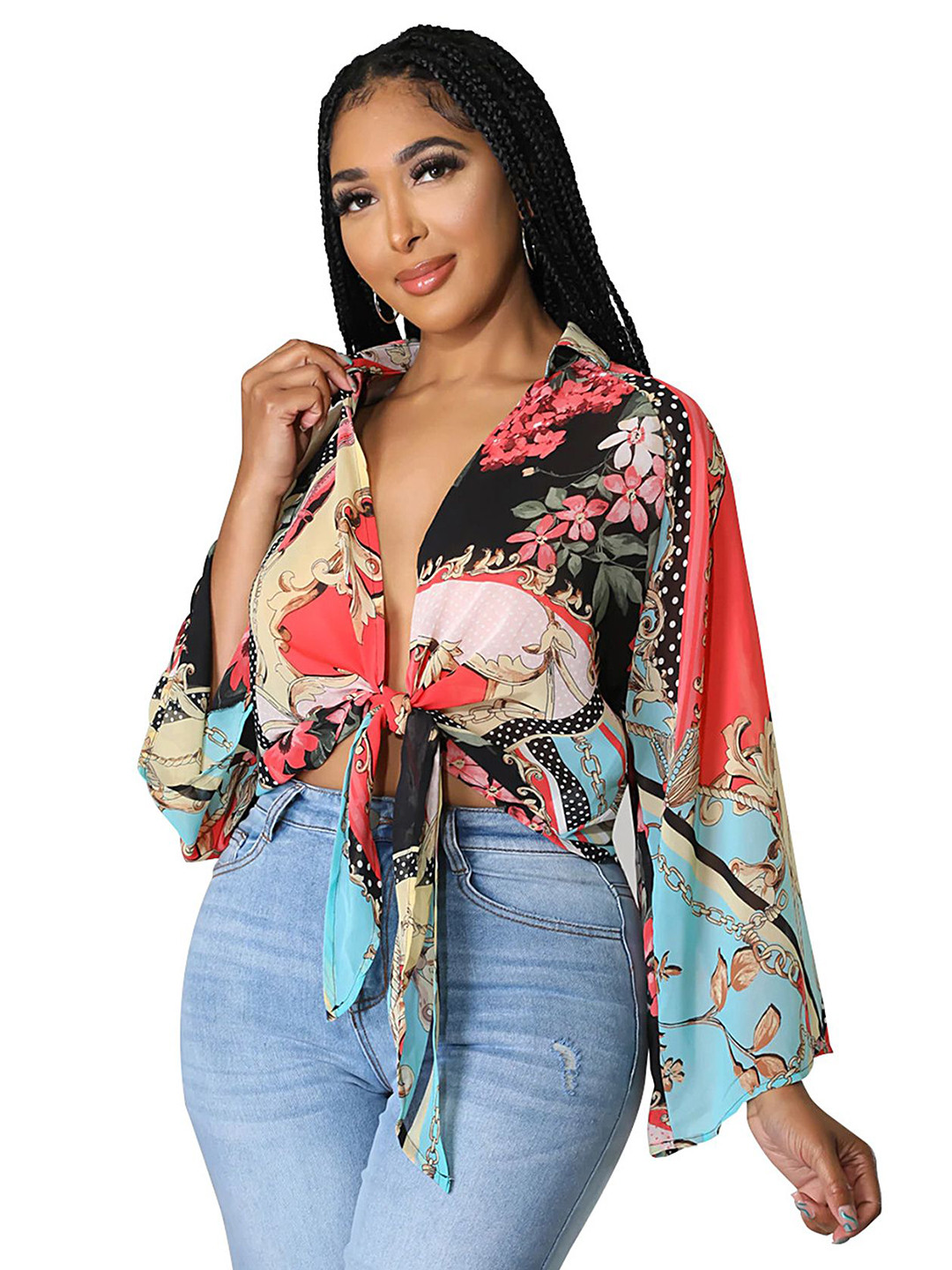

LULU & SKY Floral Print Flared Sleeve Shirt Style Top, Multi