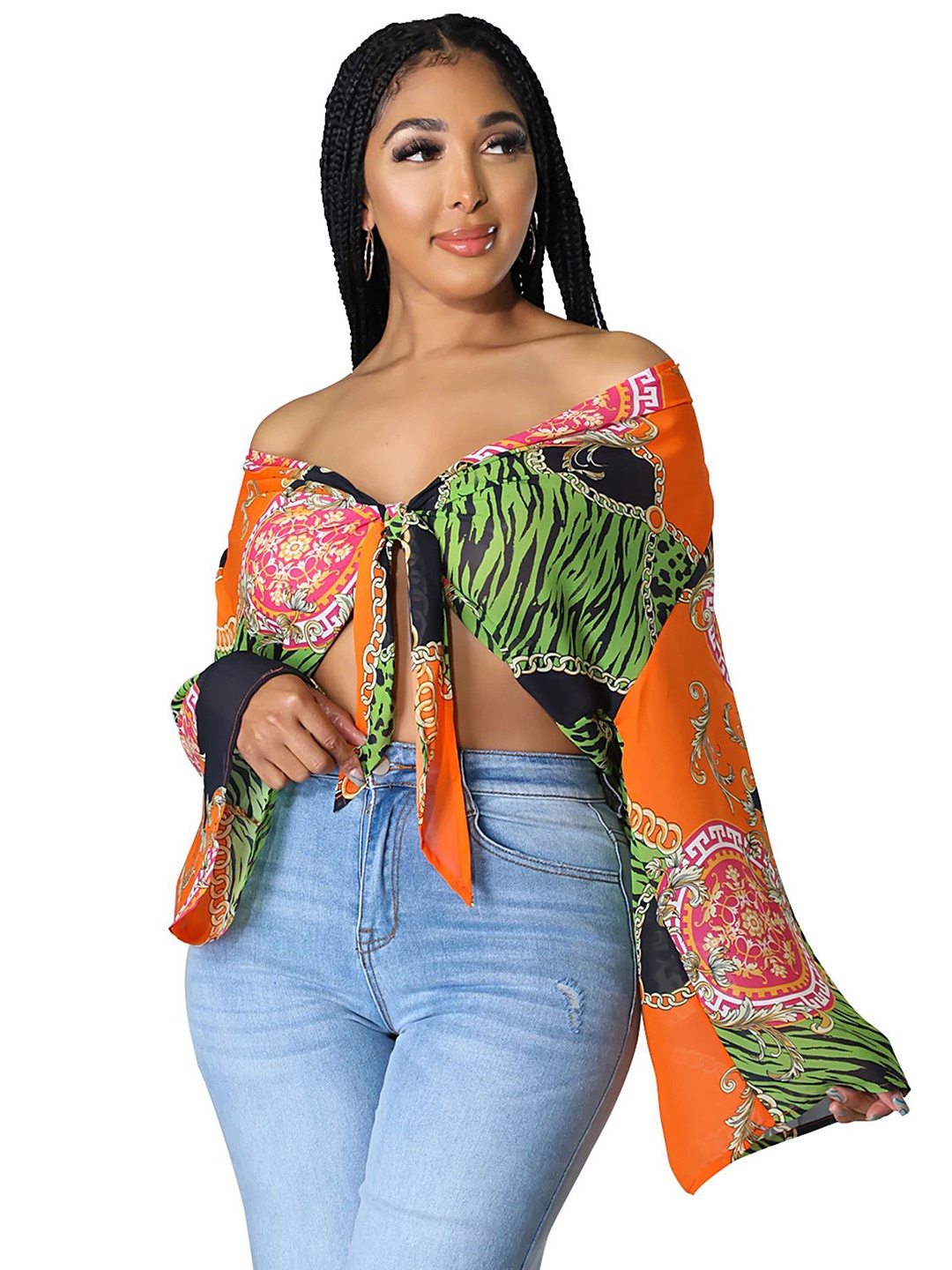 

LULU & SKY Floral Print Off-Shoulder Flared Sleeve Bardot Crop Top, Green