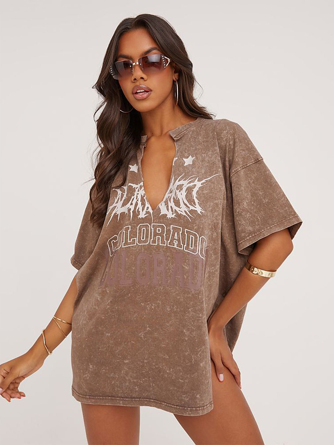 

LULU & SKY Print Mandarin Collar Kimono Sleeve Kaftan Top, Brown