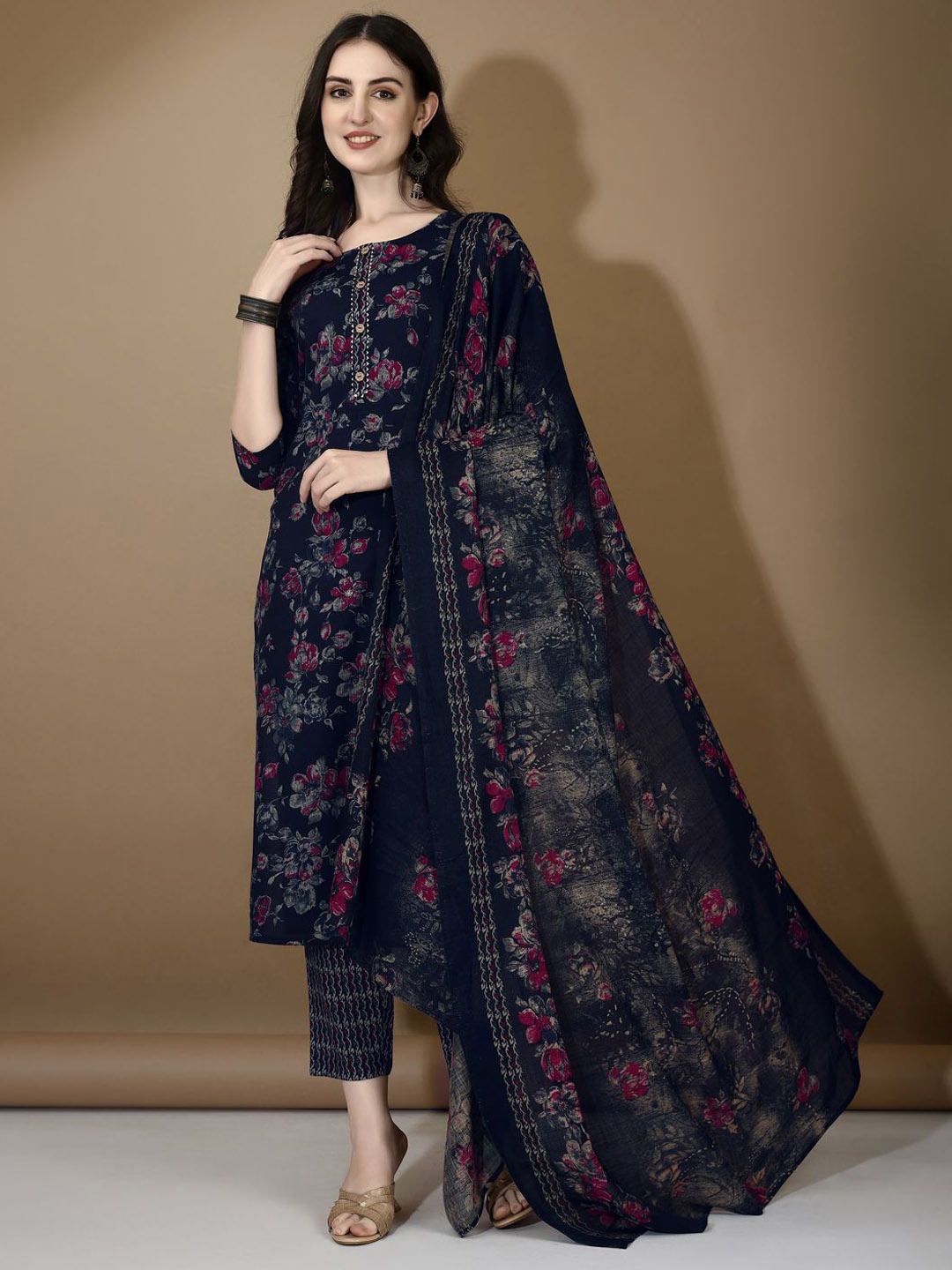 

KALINI Women Floral Printed Regular Kurta with Trousers & With Dupatta, Navy blue