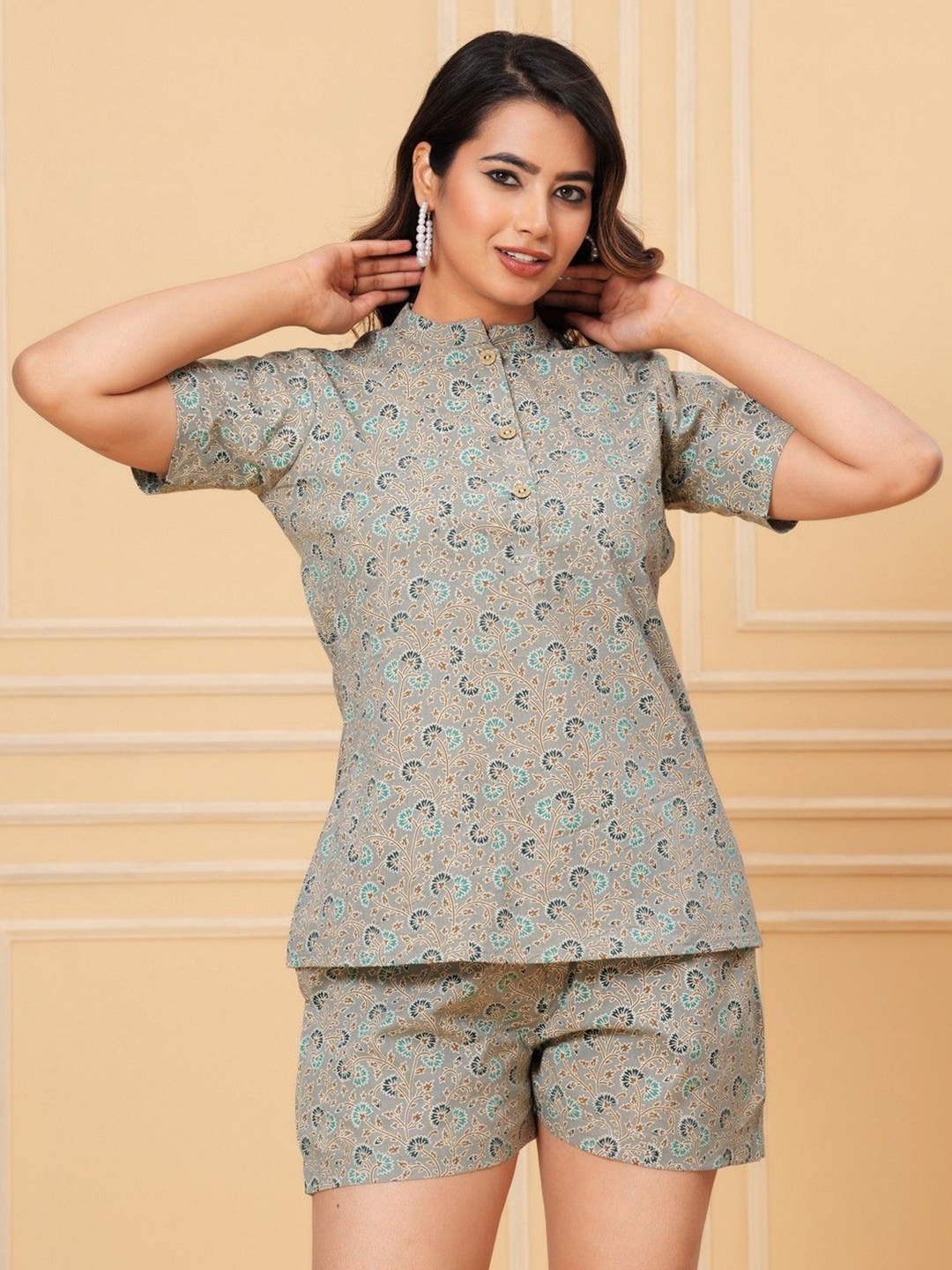 

JAIPURFAME Floral Print Cotton Top, Grey