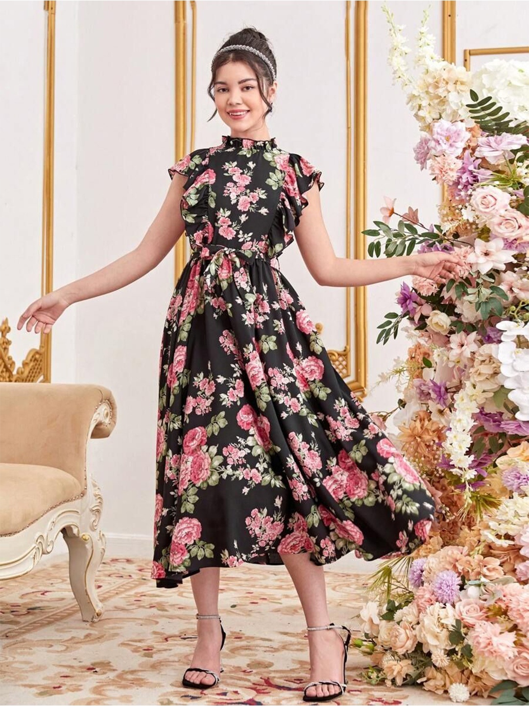 

BAESD Floral Print Flutter Sleeve Crepe Fit & Flare Midi Dress, Multi