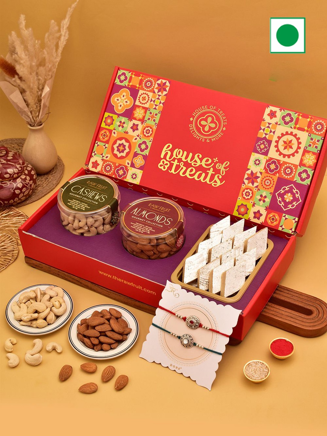 

RawFruit Sweets & Dry Fruits 2Pc-Rakhi Gift Set, Red