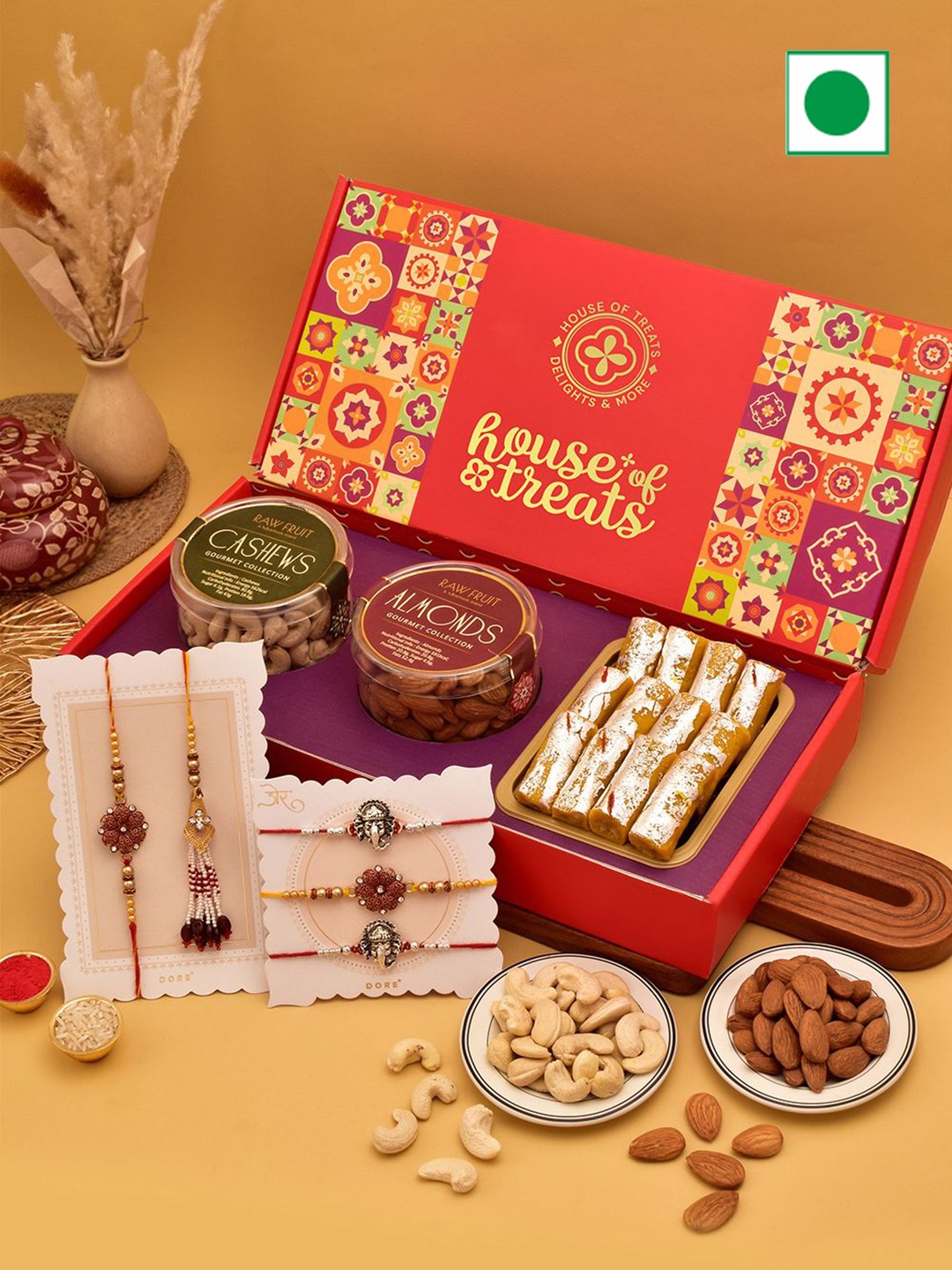 

RawFruit Sweets & Dry Fruits 5Pc-Rakhi Gift Set, Red