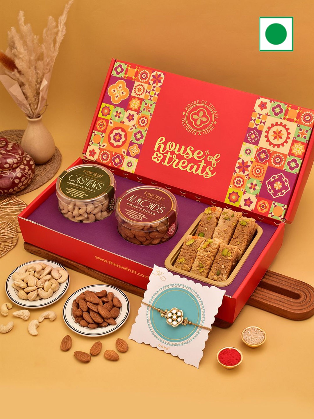 

RawFruit Sweets & Dry Fruits Rakhi Gift Set, Red