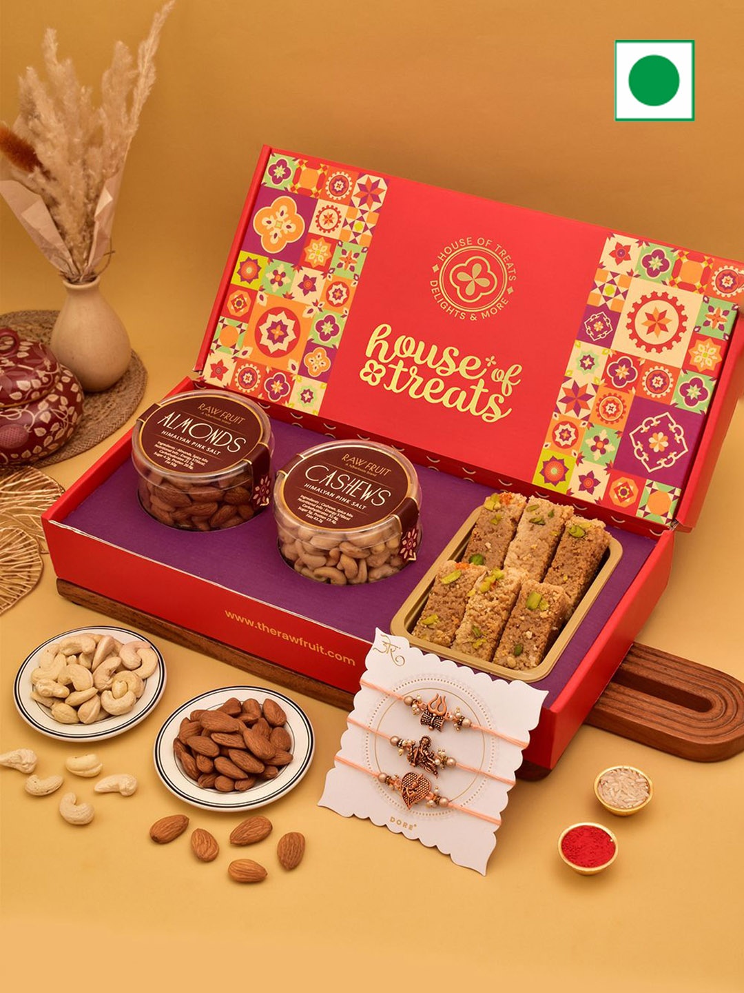 

RawFruit 6-Pcs Sweets & Dry Fruits With 3 Rakhis, Red