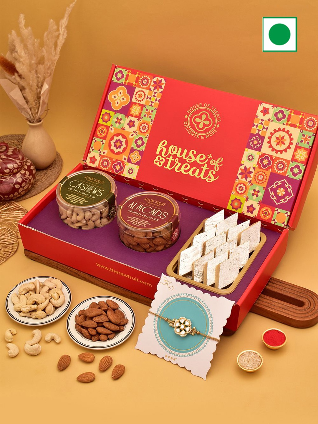 

RawFruit Sweets & Dry Fruits Rakhi Gift Set, Red