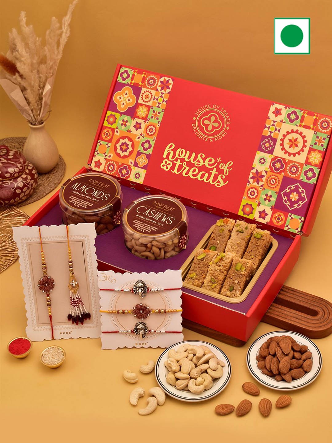

RawFruit Set Of 5 Ganesha & Floral Charm Rakhis With Roli Chawal Assorted Gift, Red