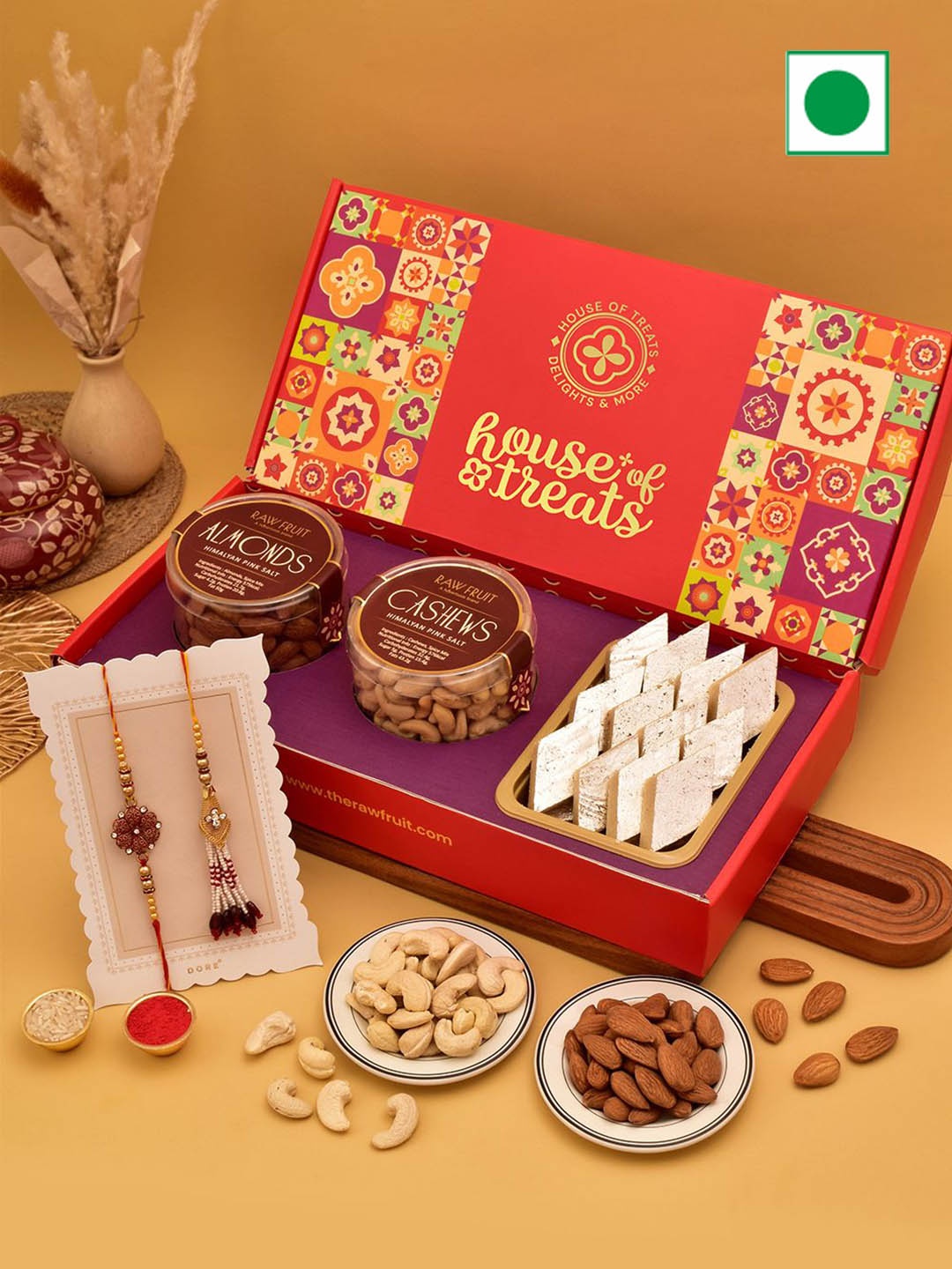 

RawFruit Sweets & Dry Fruits Bhaiya Bhabhi Rakhi Gift Set, Red