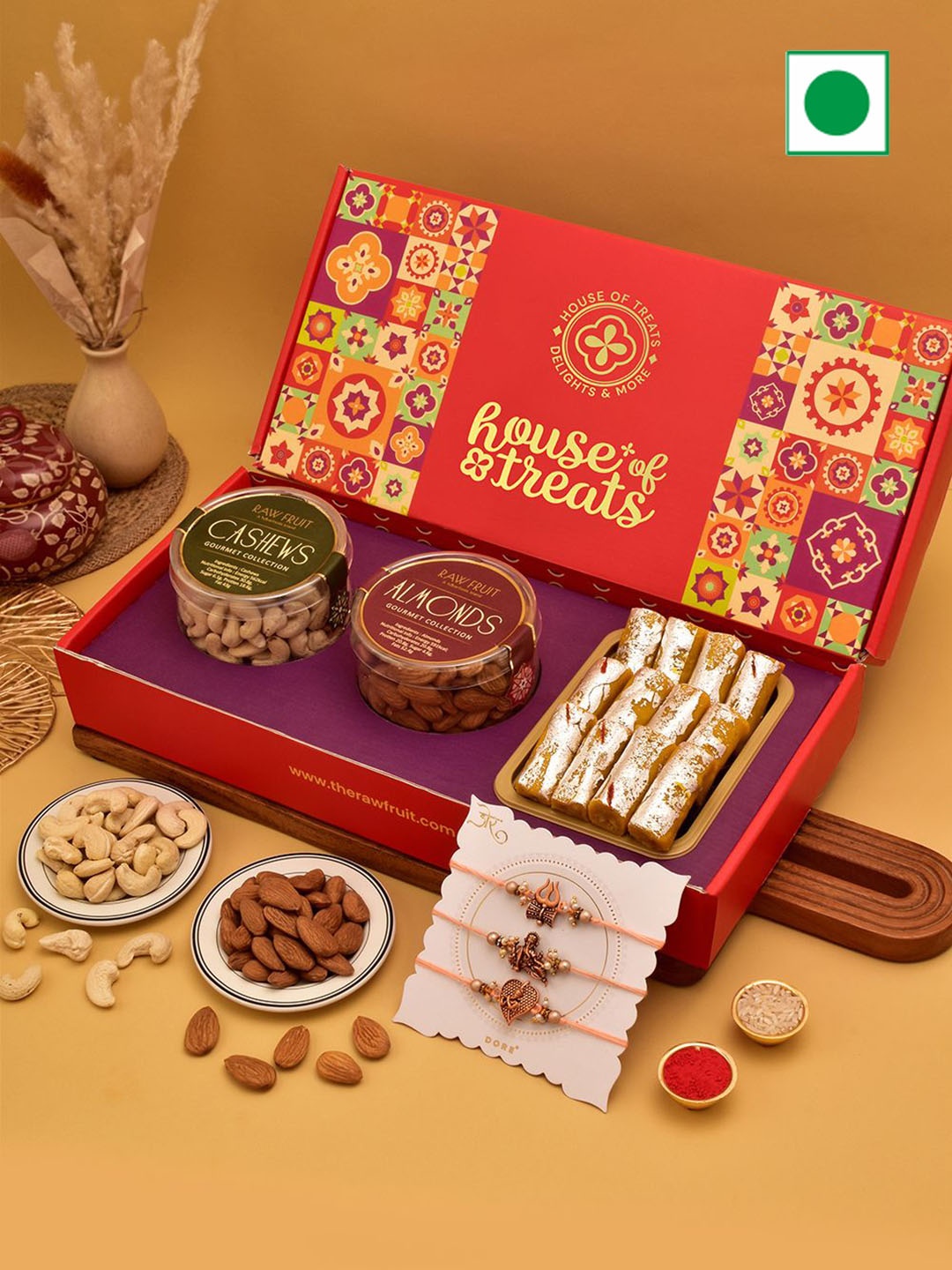

RawFruit Sweets & Dry Fruits 3Pc-Rakhi Gift Set, Cream