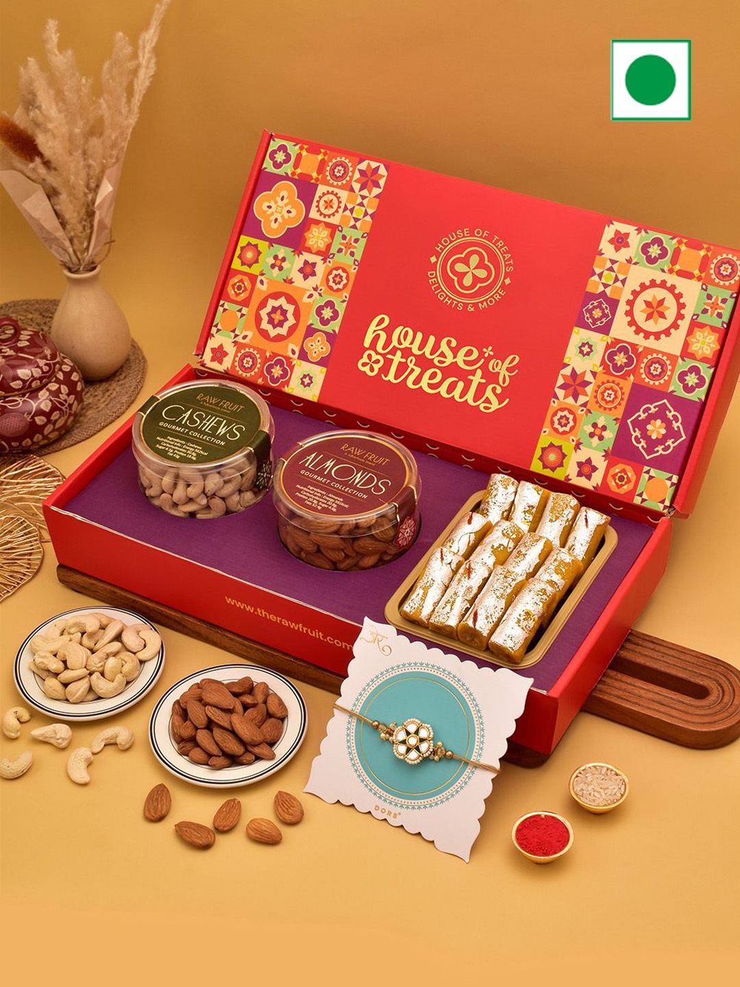 

RawFruit Sweets & Dry Fruits Rakhi Gift Set, Red