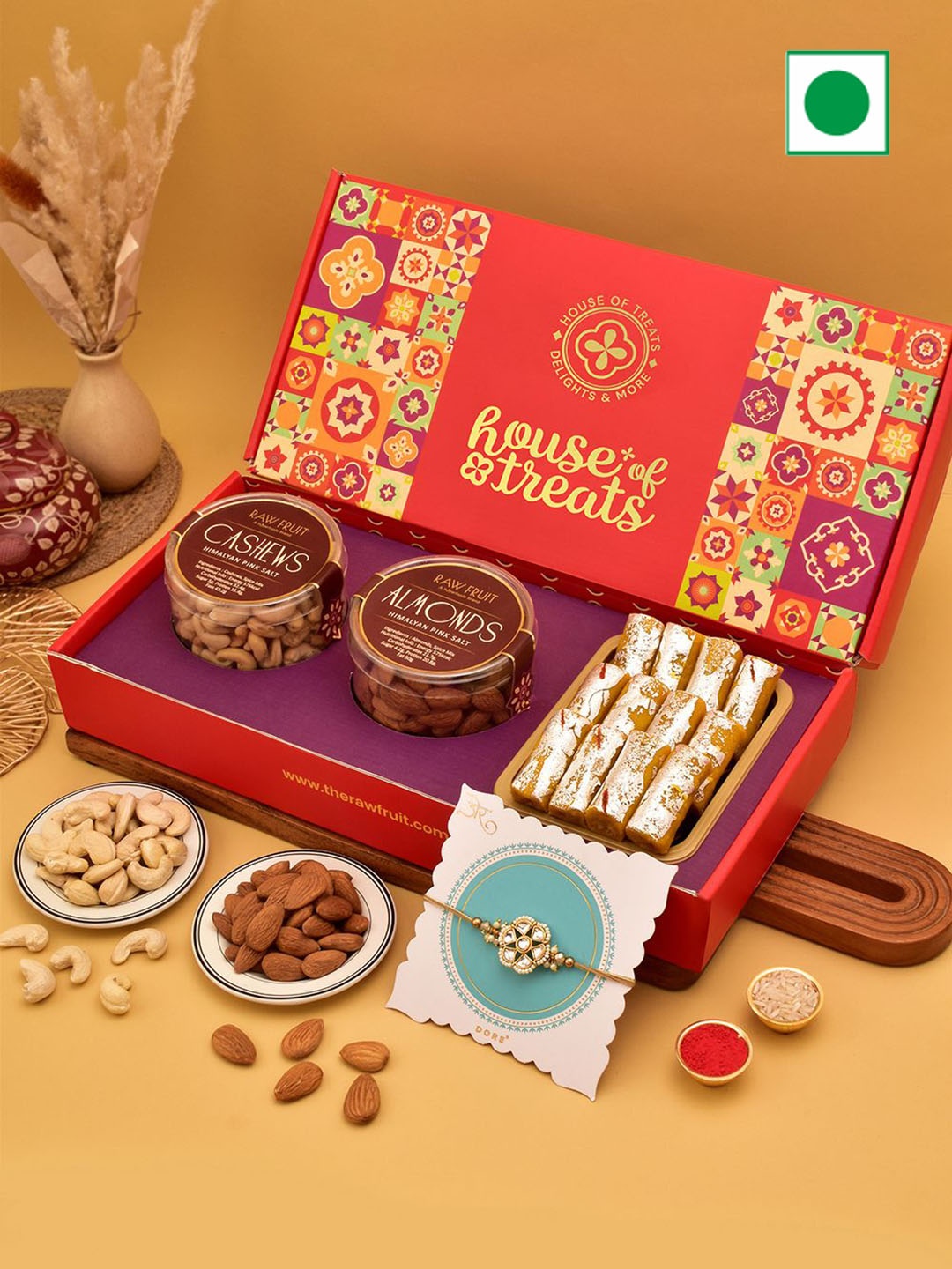 

RawFruit Set Of 3 Sweets Dry Fruits & 1 Rakhi Gift Set, Red